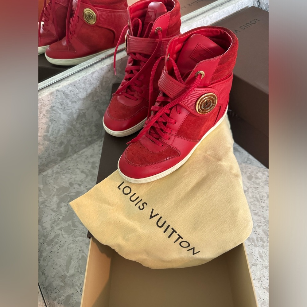 Authentic Louis Vuitton red leather and suede high top wedge sneakers